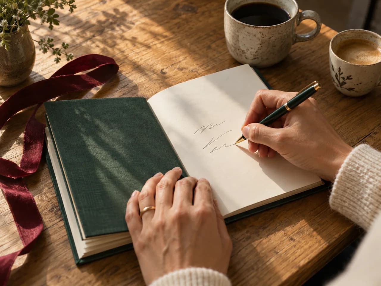 A handwritten dedication in a green clothbound book, with coffee and a loose gift ribbon nearby